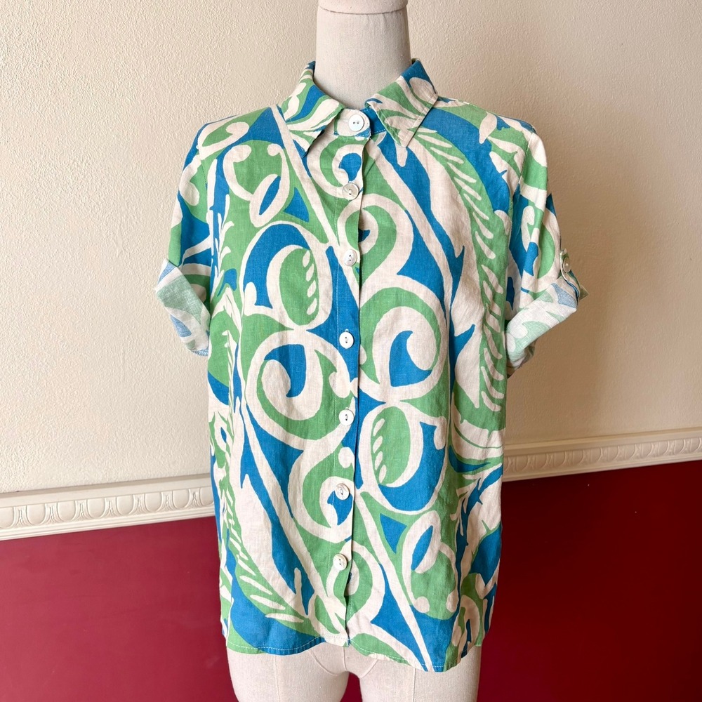 Christian Siriano New York Linen Blend Blue Green Abstract Button Down Shirt S